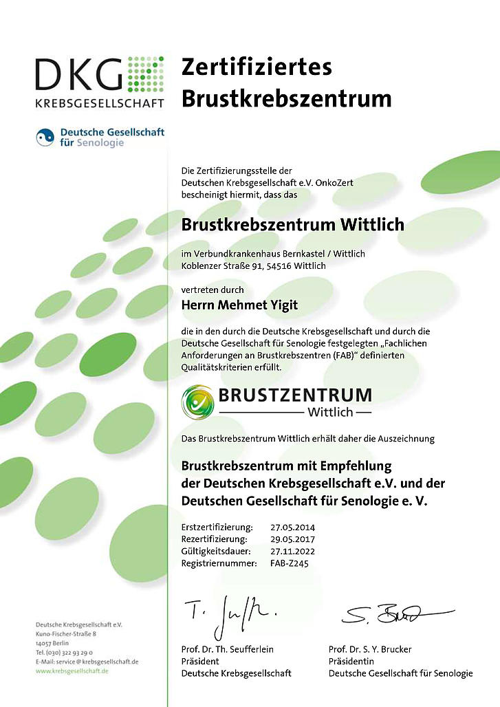 Zertifikat Brustkrebszentrum Wittlich 2021_2022